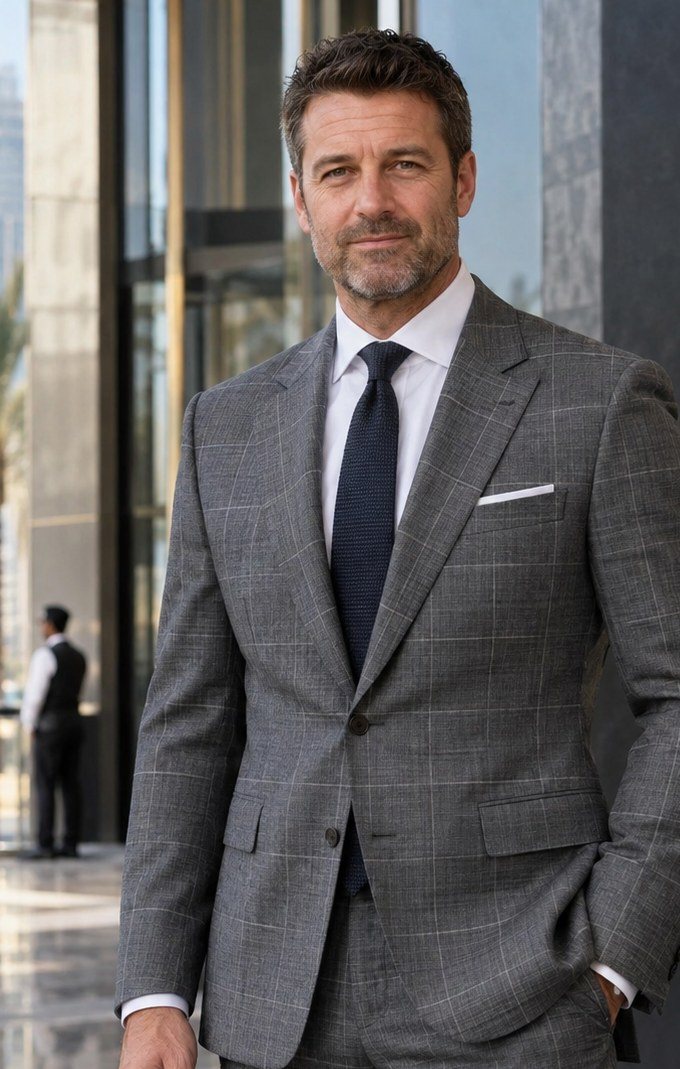 Tailored grey windowpane-check suit with white shirt and navy knit tie