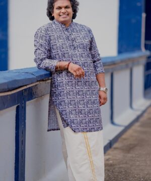 Men’s Tribal Art Cotton Kurtha – Indigo Blue & White