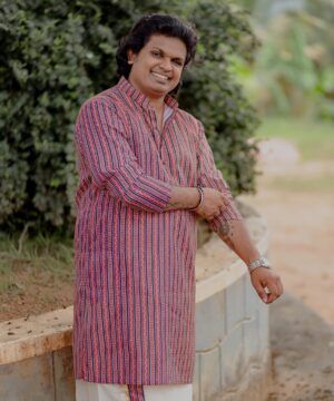 Men’s Handcrafted Striped Kurtha – Red & Navy Blue